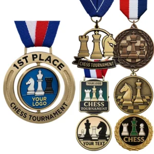 Vintage 3D chess medal featuring a black and white checkered ribbon, symbolizing achievement in chess competitions.