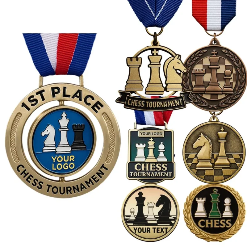 Vintage 3D chess medal featuring a black and white checkered ribbon, symbolizing achievement in chess competitions.