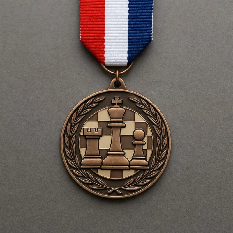 A medal featuring chess pieces, symbolizing achievement in chess competitions.