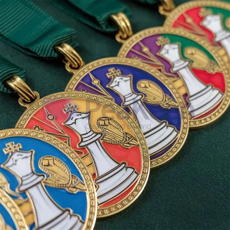 Medallas de ajedrez de oro, plata y bronce personalizadas expuestas sobre un tablero, que destacan los logros en competiciones de ajedrez.