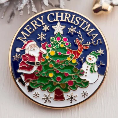 Custom Christmas tree pin featuring a festive tree and a reindeer, perfect for holiday celebrations.