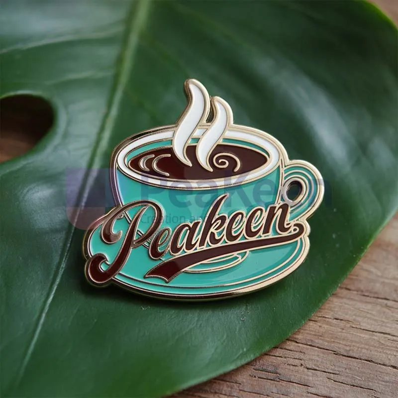 Custom enamel pin featuring a peakeen coffee design, perfect for coffee lovers and collectors.