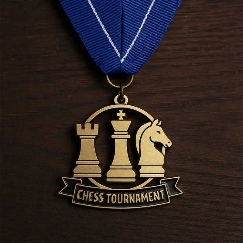 Gold chess tournament medal featuring a cut-out chess piece design.