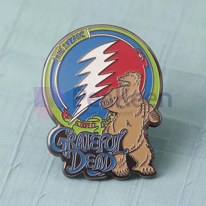 Custom Grateful Dead pin featuring a bear and a lightning bolt design, vibrant and eye-catching.