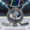 Close-up of an ice hockey championship medal, showcasing its intricate design and representing excellence in the game.