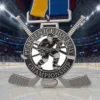 Close-up of an ice hockey championship medal, showcasing its intricate design and representing excellence in the game.
