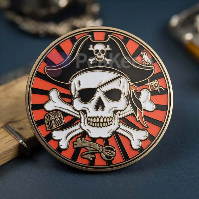 Pièce de monnaie pirate personnalisée représentant une tête de mort et des os, symbolisant l'aventure et le trésor en haute mer.