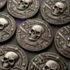 Individuell gestaltete Piratenmünze mit einem Totenkopfmuster, das Abenteuer und Schätze auf hoher See symbolisiert.