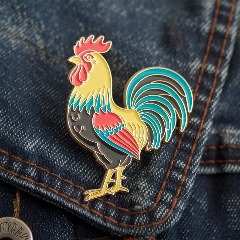 Individual wearing a custom rooster pin, highlighting a distinctive accessory that reflects personal flair.