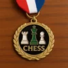 Soft enamel chess medal resting on a wooden table, showcasing intricate design and vibrant colors.