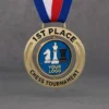 Gold 1st place chess tournament medal, spinning to showcase its intricate design and engraved details.