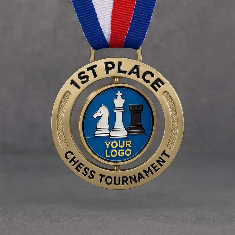 Gold 1st place chess tournament medal, spinning to showcase its intricate design and engraved details.