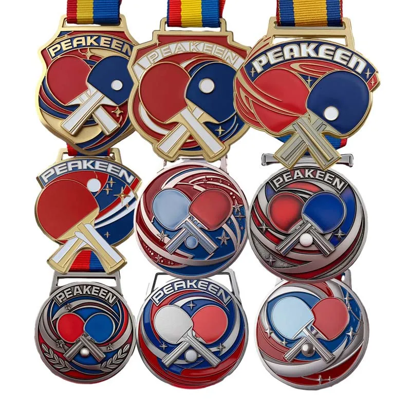 A collection of custom table tennis medals featuring colorful ping pong balls on each medal's surface.