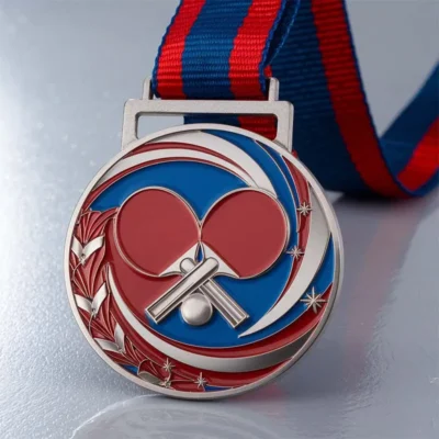 Custom table tennis medal featuring a ping pong ball and a tennis racket design.