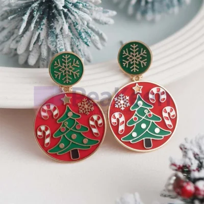 Custom Christmas earrings featuring a festive Christmas tree and candy cane design, perfect for holiday celebrations.