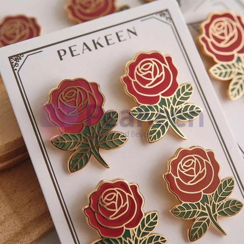 Custom rose enamel pin featuring a delicate design, perfect for adding a floral touch to any accessory collection.