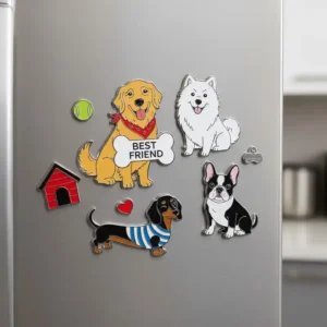 A refrigerator adorned with dog-themed magnets that read "best friends," showcasing a playful friendship theme.