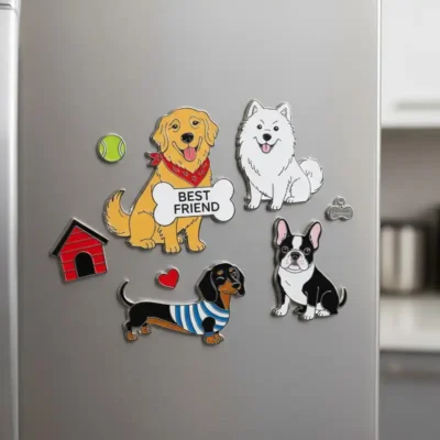 A refrigerator adorned with dog-themed magnets that read "best friends," showcasing a playful friendship theme.