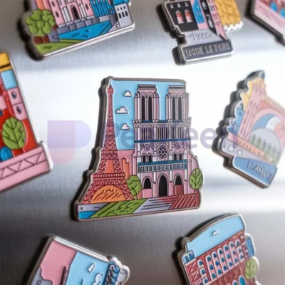 A vibrant assortment of custom travel fridge magnets showcasing various city designs and landmarks.