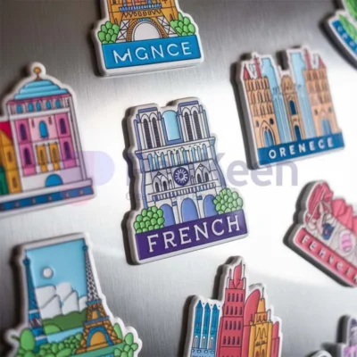 A collection of custom travel fridge magnets featuring the Statue of Liberty, a taxi, and a bus.