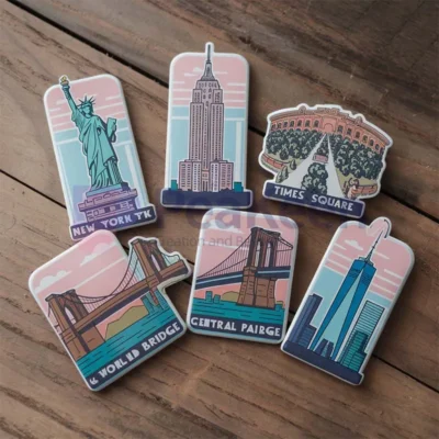 Custom travel fridge magnet featuring the iconic New York City skyline, perfect for souvenirs and home decor.