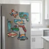 A refrigerator adorned with various state and city souvenir magnets showcasing different locations across the U.S.