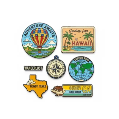 A set of colorful travel fridge magnets representing various states, arranged around a detailed map of the United States.