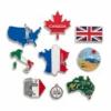 Travel fridge magnets displaying the flags of Canada, the United States, Britain, and France in a colorful arrangement.