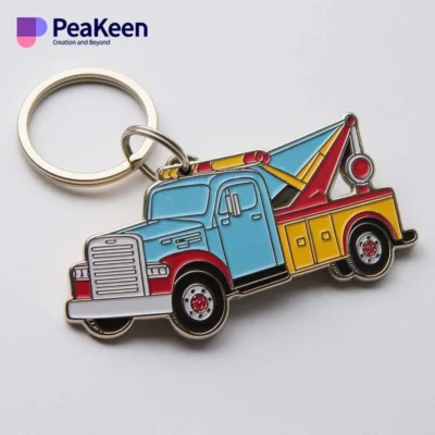 A custom metal keychain shaped like a red and blue truck rests on the roadside, showcasing its vibrant colors.