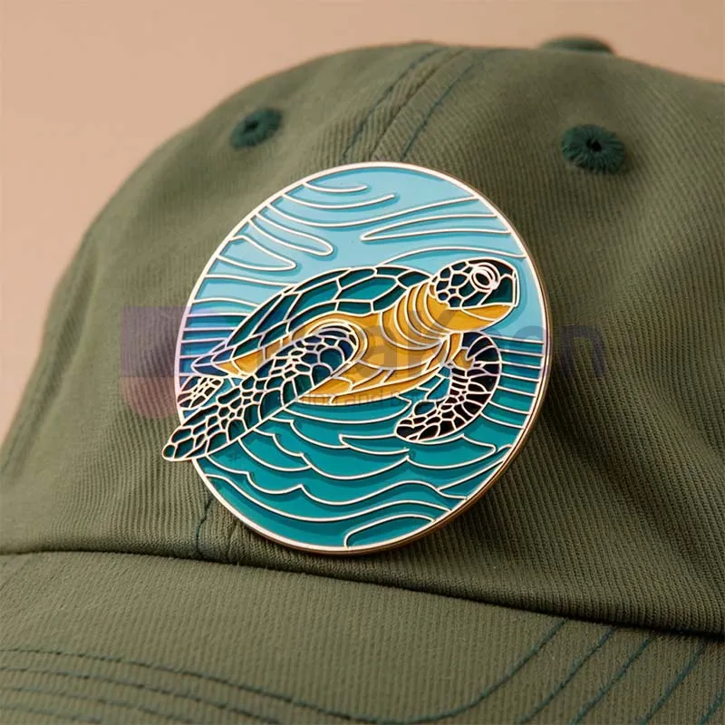 A green hat adorned with a custom turtle pin, showcasing a unique and playful accessory.