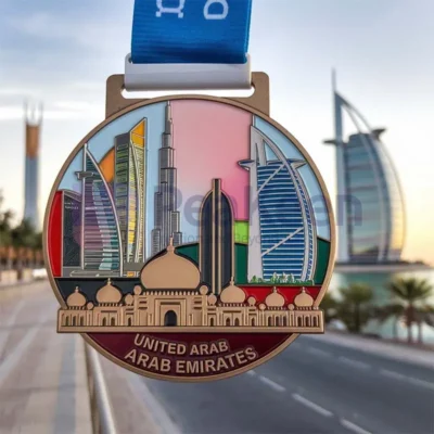 Medal featuring the UAE skyline, symbolizing achievement and pride in custom UAE medals.