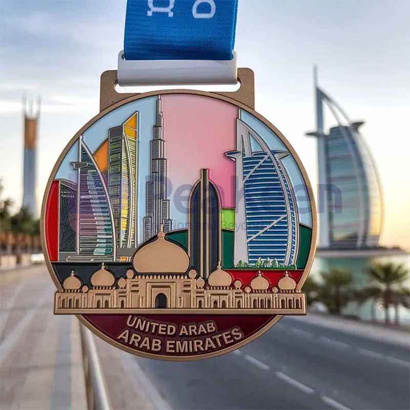 Medaille mit der Skyline der Vereinigten Arabischen Emirate, die Leistung und Stolz auf individuelle VAE-Medaillen symbolisiert.