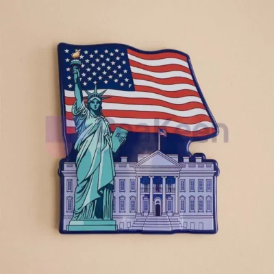 USA flag design on a marble background, featured on a custom fridge magnet.