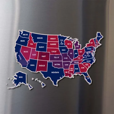 USA flag design on a marble background, featured on a custom fridge magnet.