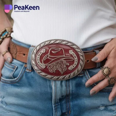 A woman in a cowboy hat and a horse-themed belt buckle, showcasing her Western style and love for equestrian culture.