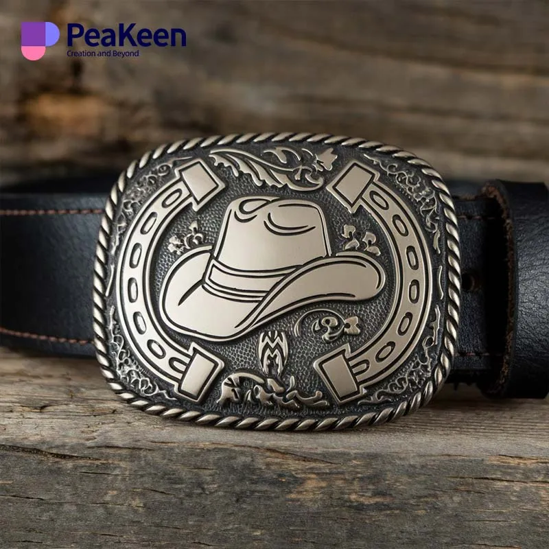 A Western belt buckle featuring a stylish cowboy hat design, showcasing classic Western aesthetics.