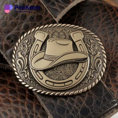 A Western belt buckle featuring a cowboy hat and horseshoe design, symbolizing classic cowboy culture.