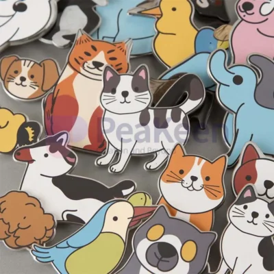 A collection of colorful cat and dog stickers designed as custom animal fridge magnets.