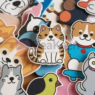 A collection of colorful cat and dog stickers designed as custom animal fridge magnets.