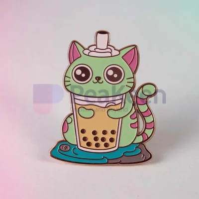 A custom pin featuring a cat joyfully holding a bubble tea drink, perfect for cat and boba tea enthusiasts.