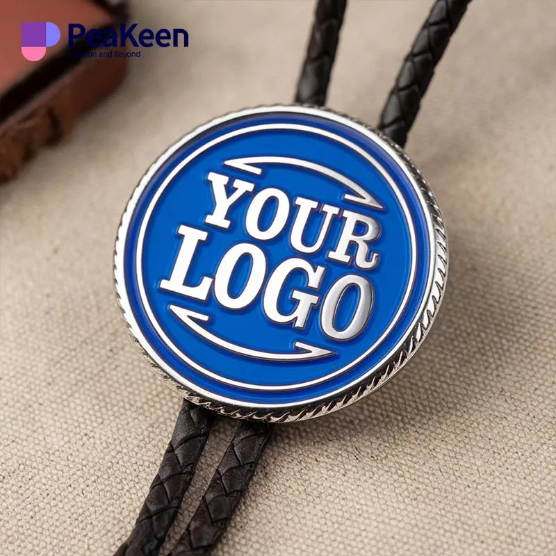 Custom logo lanyard featuring a leather cord and a stylish metal bolo tie for a unique accessory.