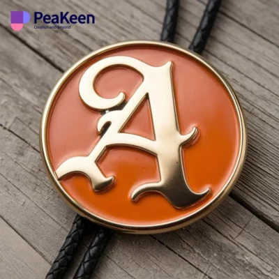 A gold letter A on an orange leather belt buckle, featuring a custom metal bolo tie design.