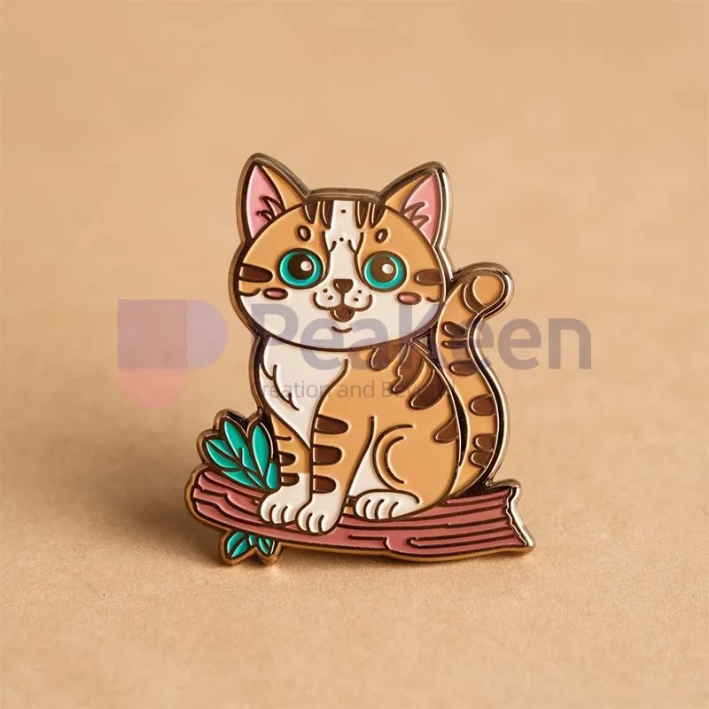 Cute cat enamel pin displayed on a warm brown background, showcasing its charming design and vibrant colors.