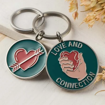 Custom couple keychains symbolizing love and connection, featuring intertwined hearts and personalized engravings.