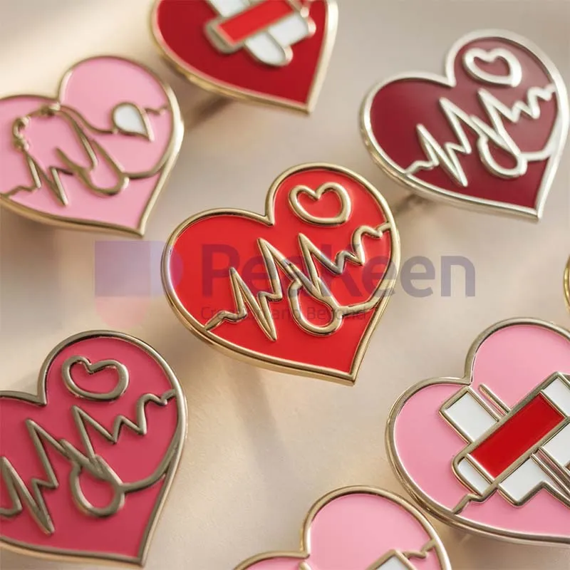 A collection of colorful heart-shaped pins designed for doctors, showcasing various vibrant hues and styles.