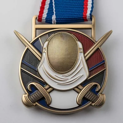 Custom fencing medal featuring a sword and shield design, symbolizing achievement in the sport.