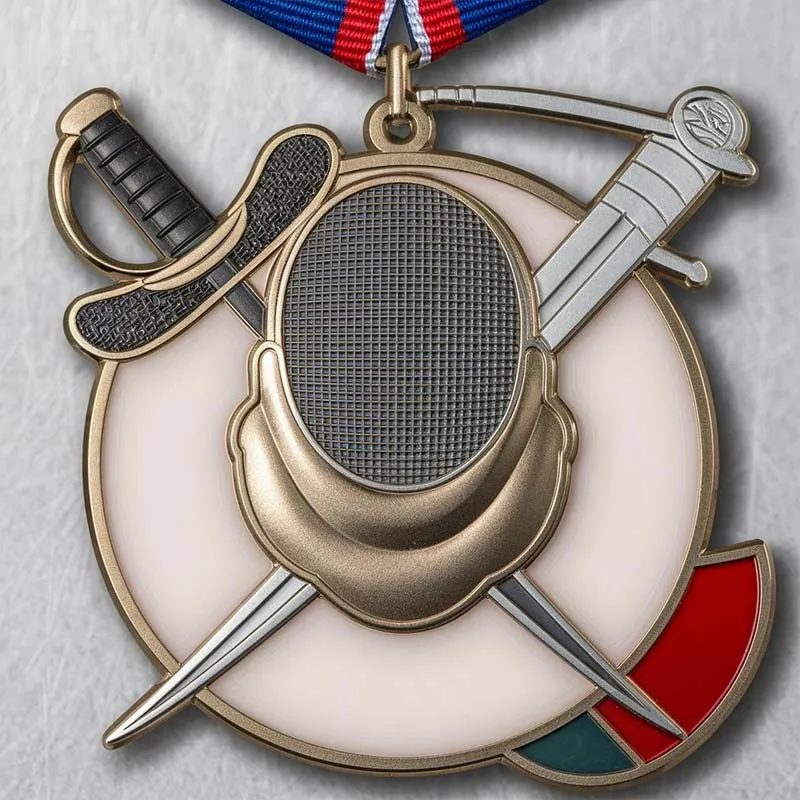 Custom fencing medal featuring a sword and helmet design, symbolizing achievement in the sport.