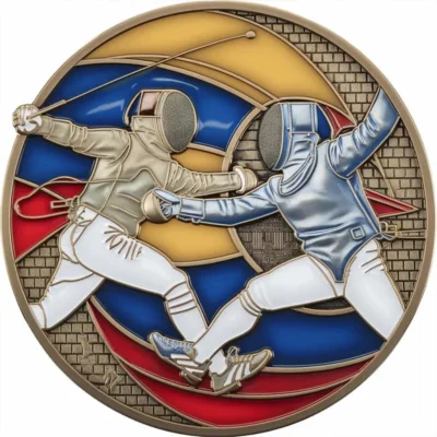 Custom medal featuring two fencers in action, elegantly designed within a circular frame.