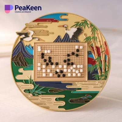 A gold and black coin featuring a Japanese board game design, representing custom Go game medals.