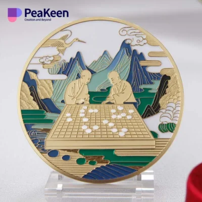 A gold and silver coin featuring two individuals engaged in a chess match, designed as a custom go game medal.